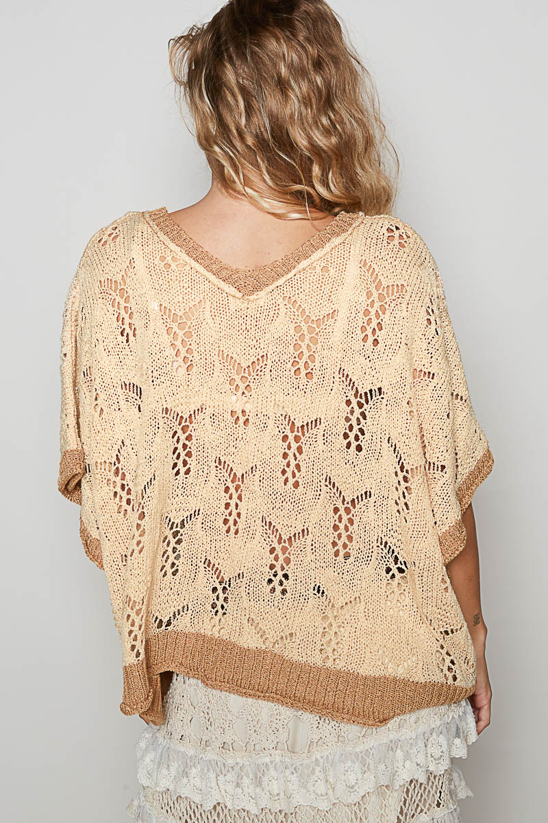 Polly V-neck Sleeveless Flower Outseam Thin Sweater Top-Beige/Latte