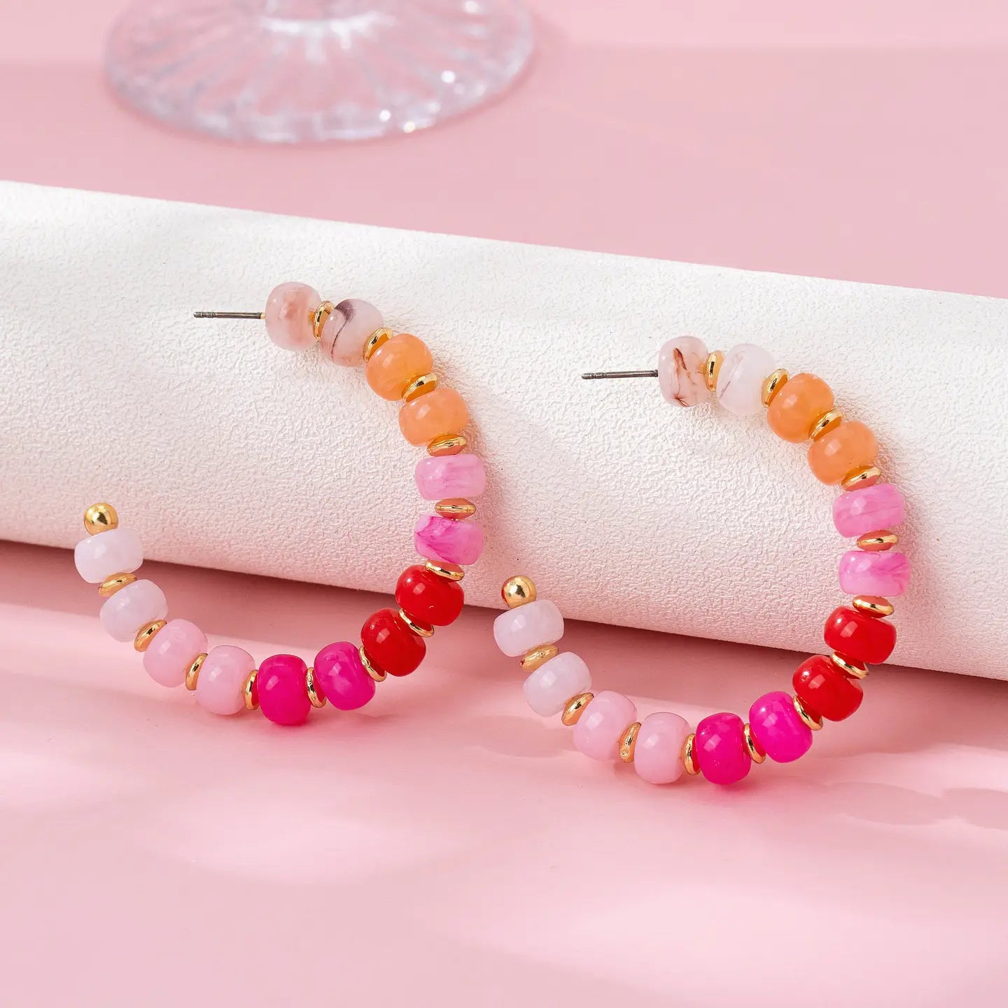 Rainbow Beaded Hoop Earrings-Gold/Pink