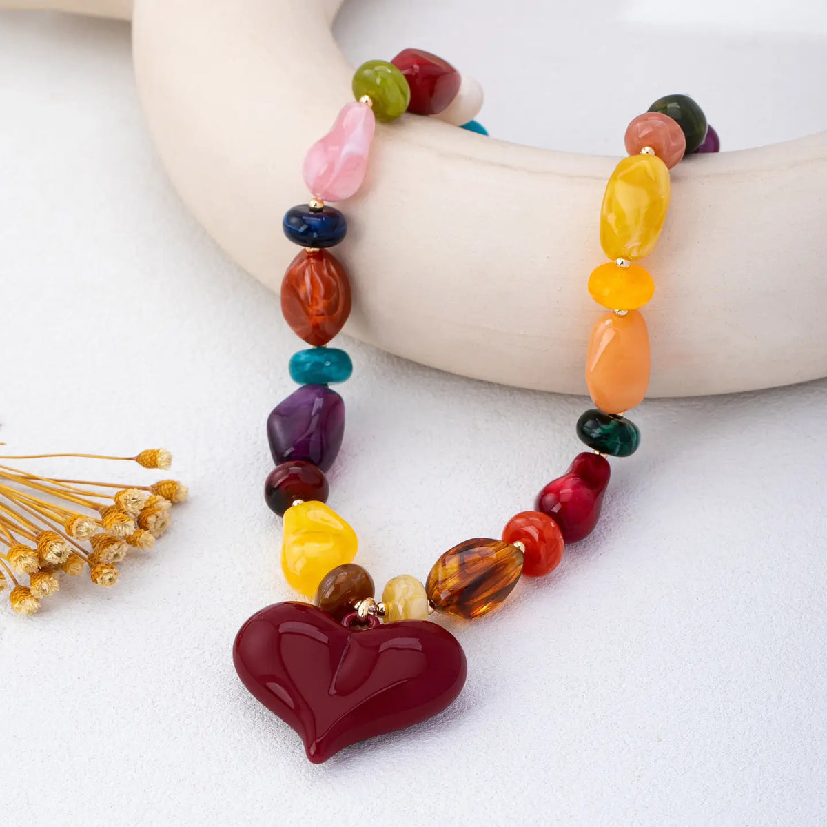 Chunky Multicolor Bead Heart Pendant Necklace