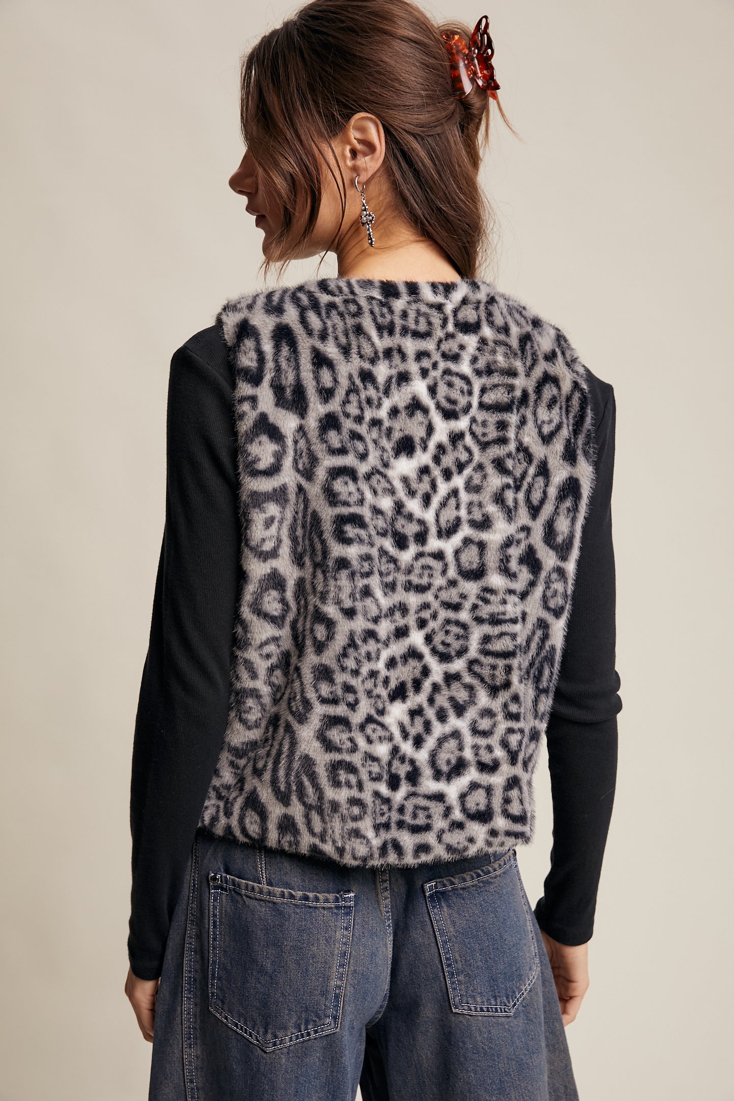 Faux Fur Leopard Vest-Gray