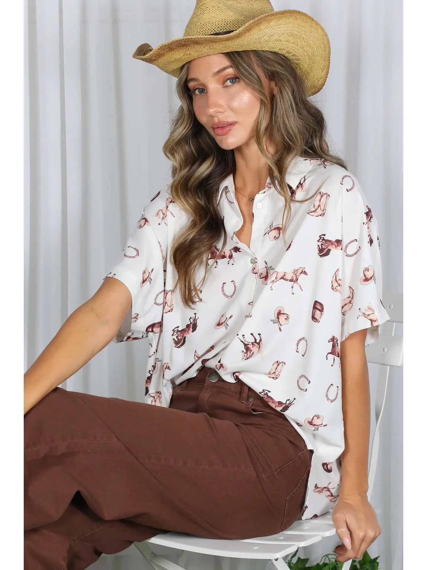 Dakota Collared Button Front Shirt Top-Cream/Brown