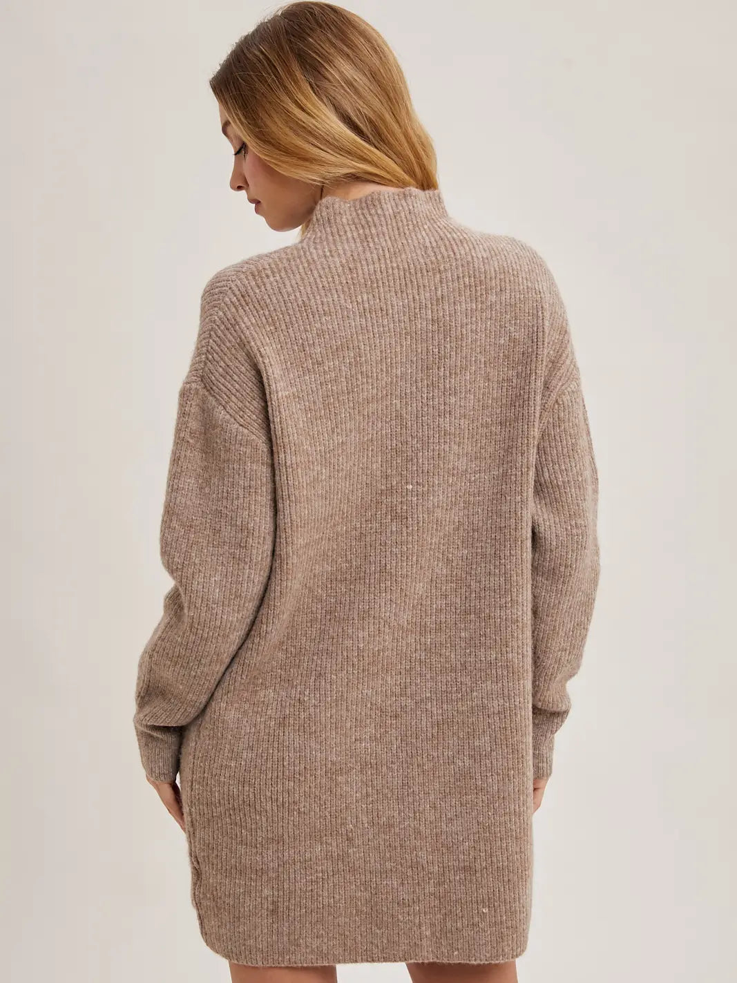 Mock Neck Knit Sweater Mini Dress-Latte
