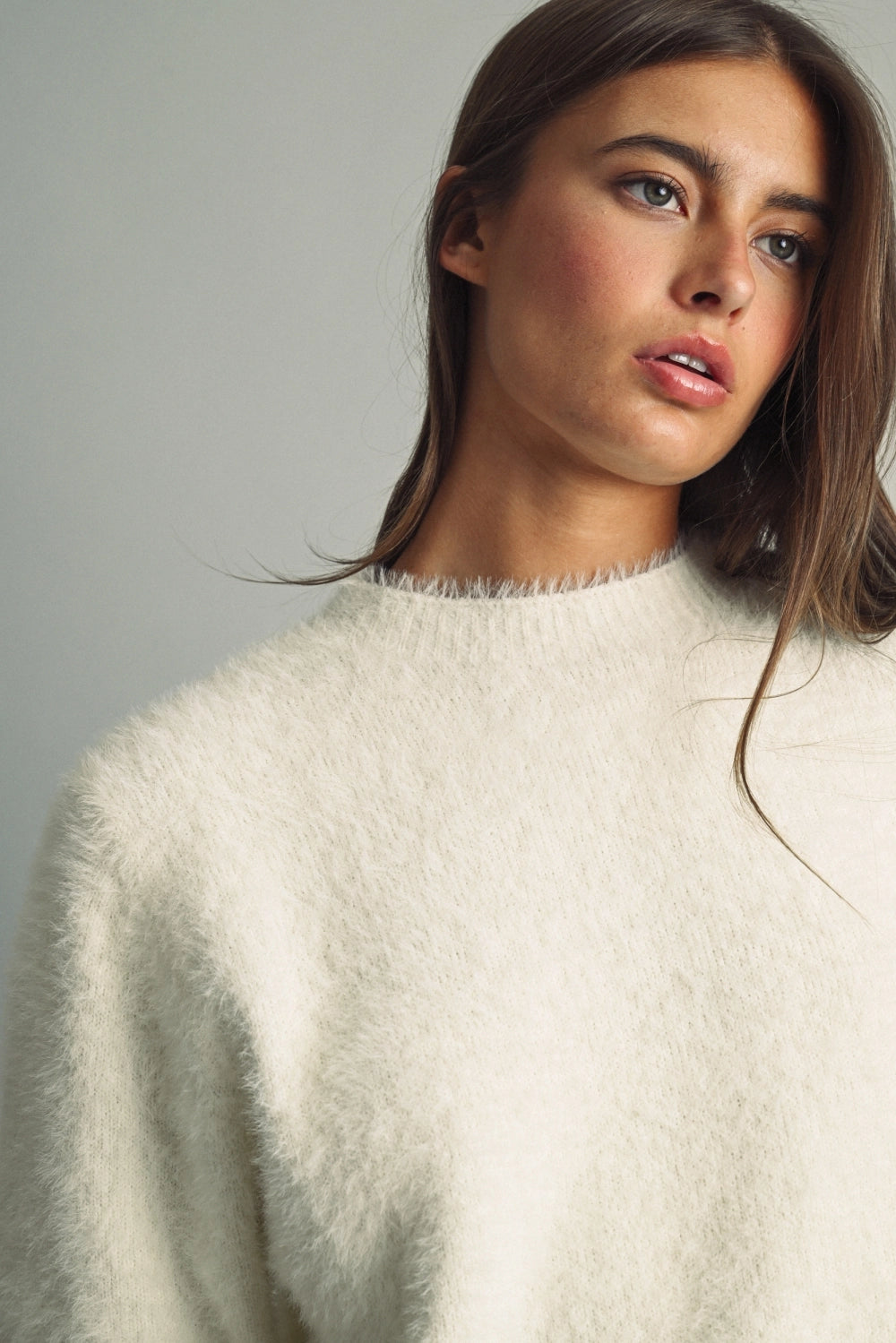 Fluffy Cropped Faux-Fur Sweater with Round Neck-Cream