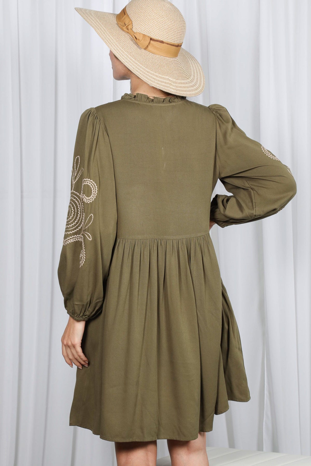 Paisley Embroidered V-Neck Baby Doll Dress-Olive