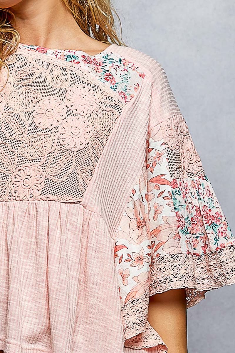 Rib Floral Pattern Round Neck Short Sleeve Top-Natural