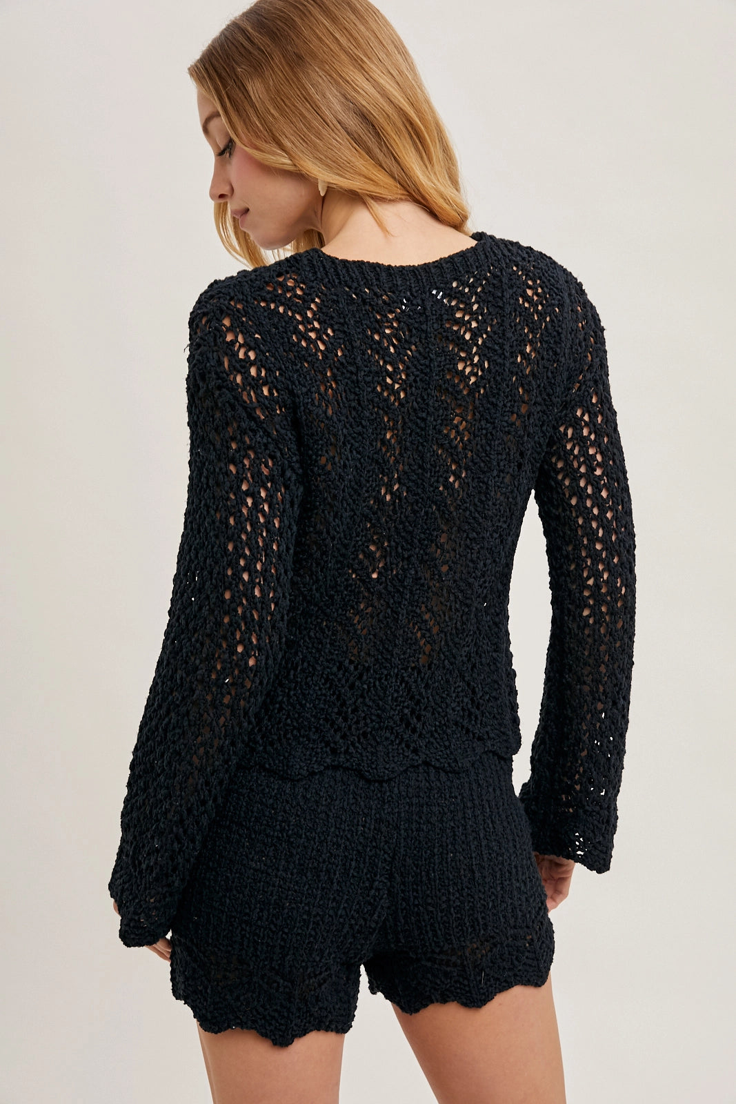 Open Knit Sweater Pullover & Shorts Set-Black