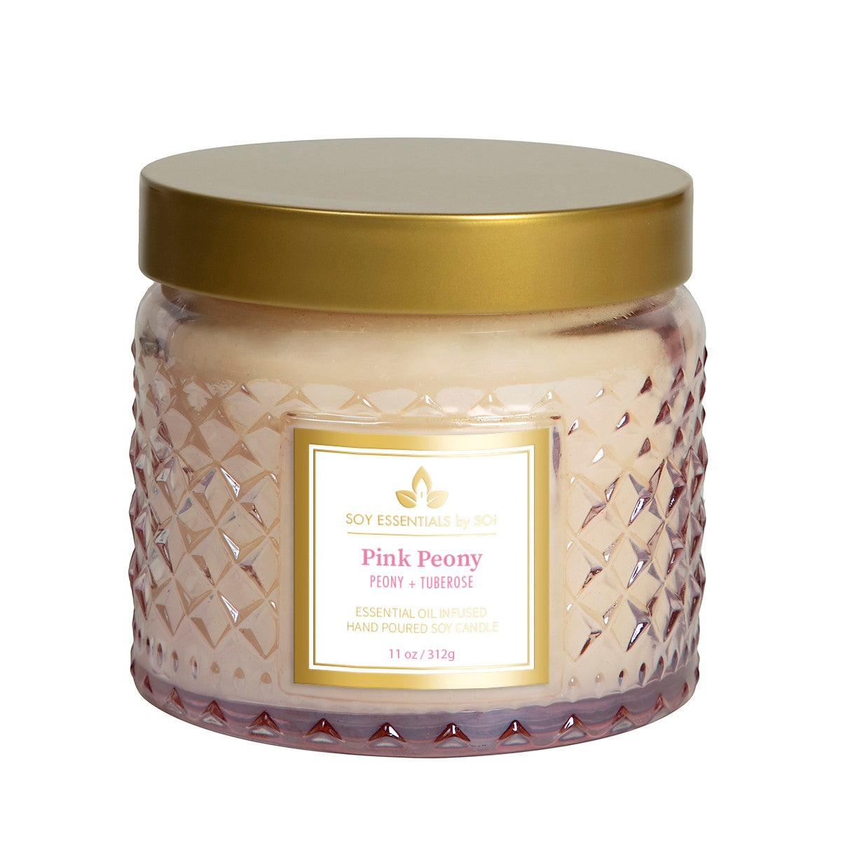 Pink Peony 11oz Faceted Glass Jar Soy Candle