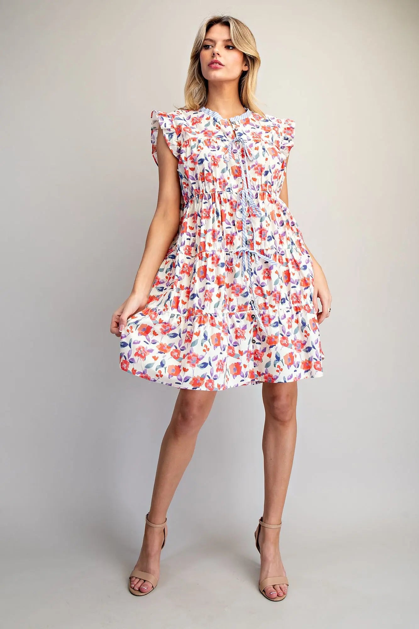 Floral Print Button Down Tiered Mini Dress-Coral