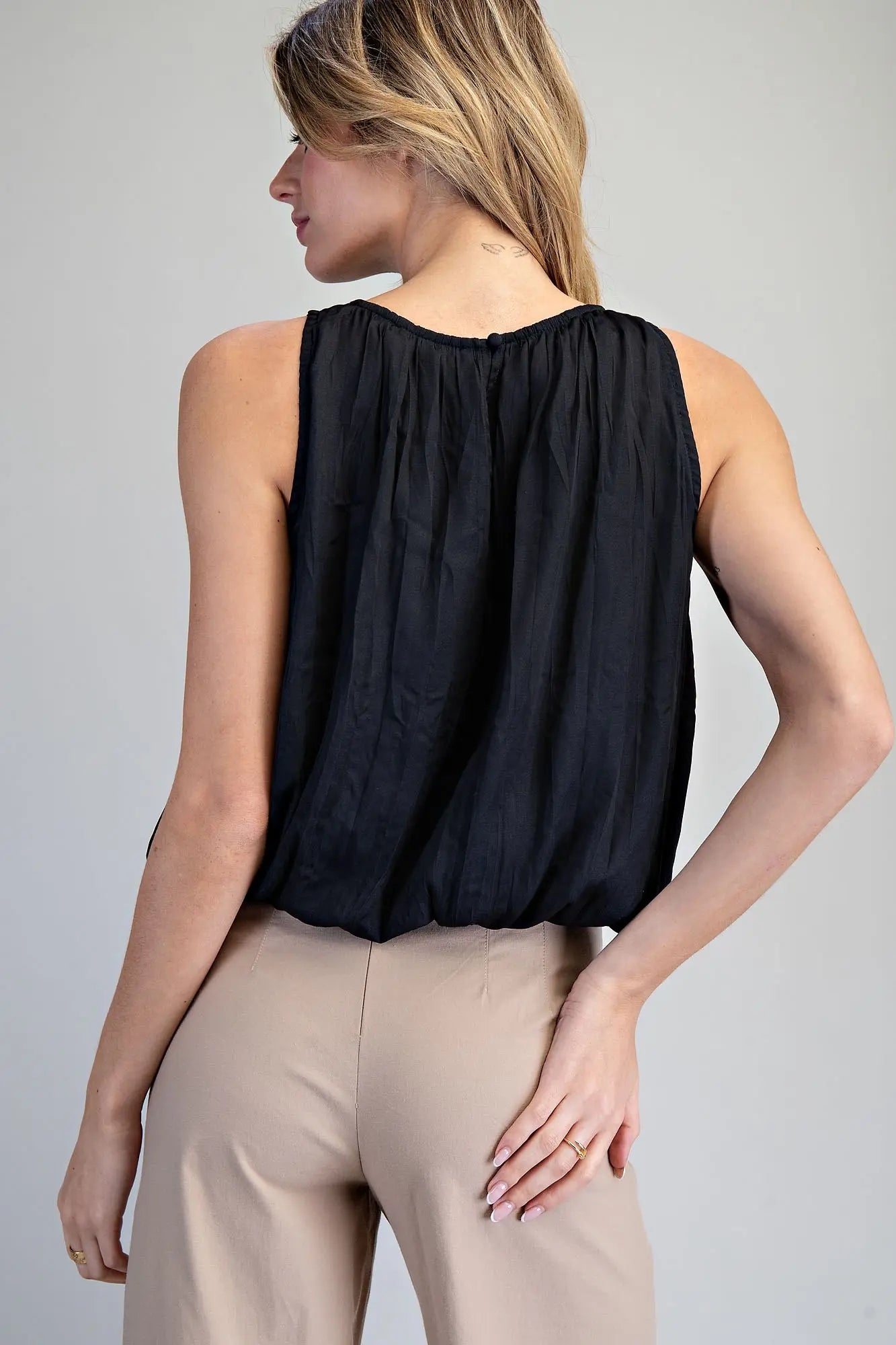 Solid Sleeveless Gathered Blouse-Black