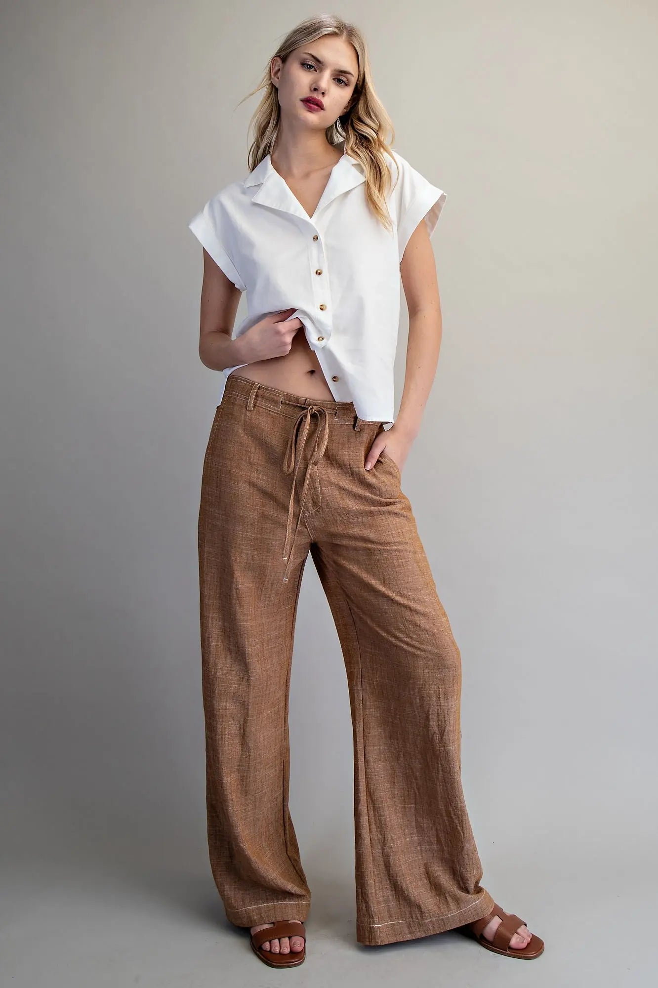 Cove String Tie Straight Leg Pants-Coconut Brown