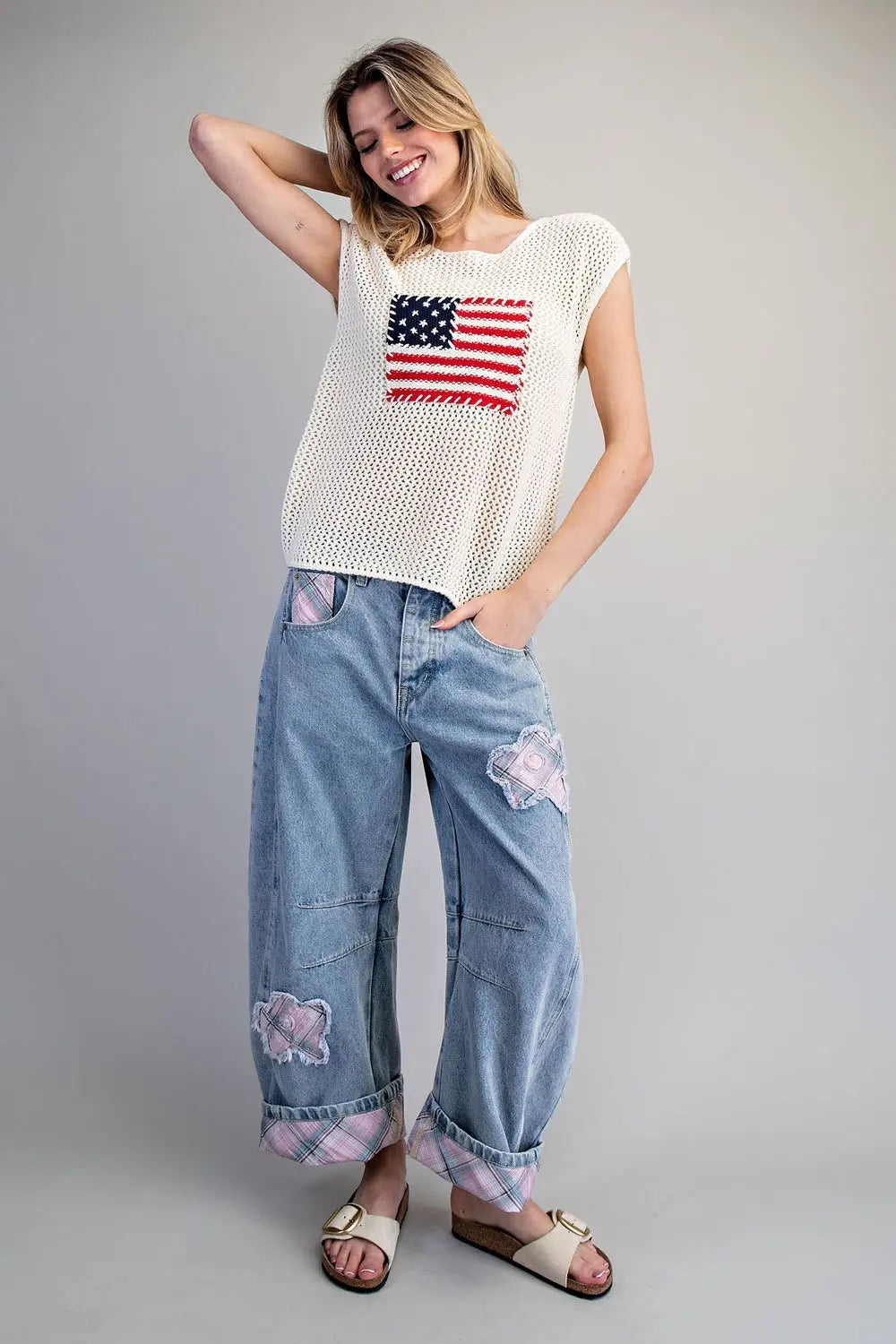 Stars & Stripes Knit Cap Sleeve Top-Oatmeal