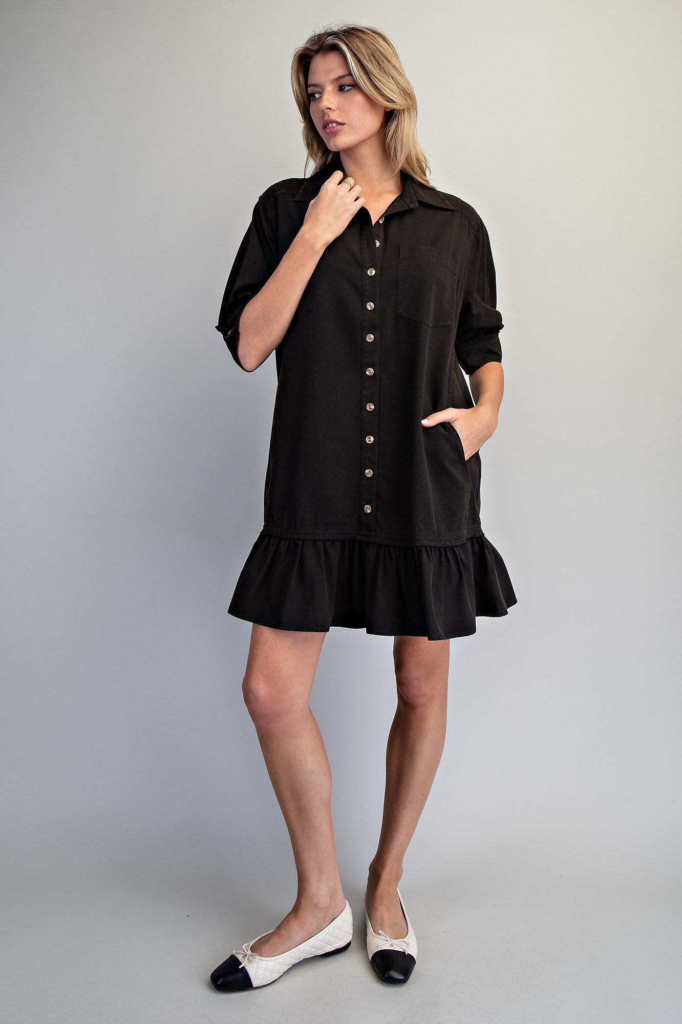 Tori Button Down Mini Dress -Ash Black