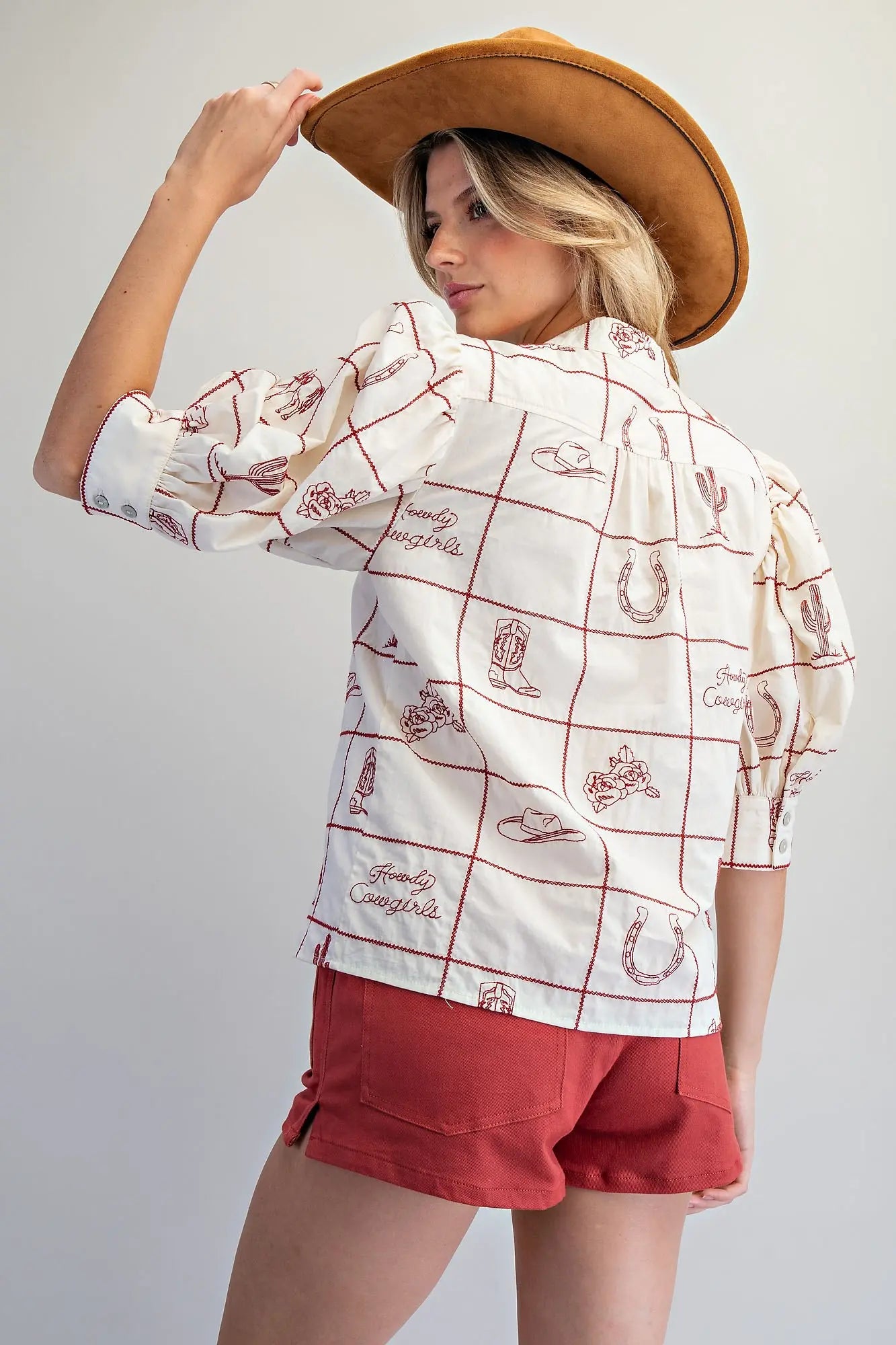 CHERRY WOOD CREAM Western Puff Sleeve Top