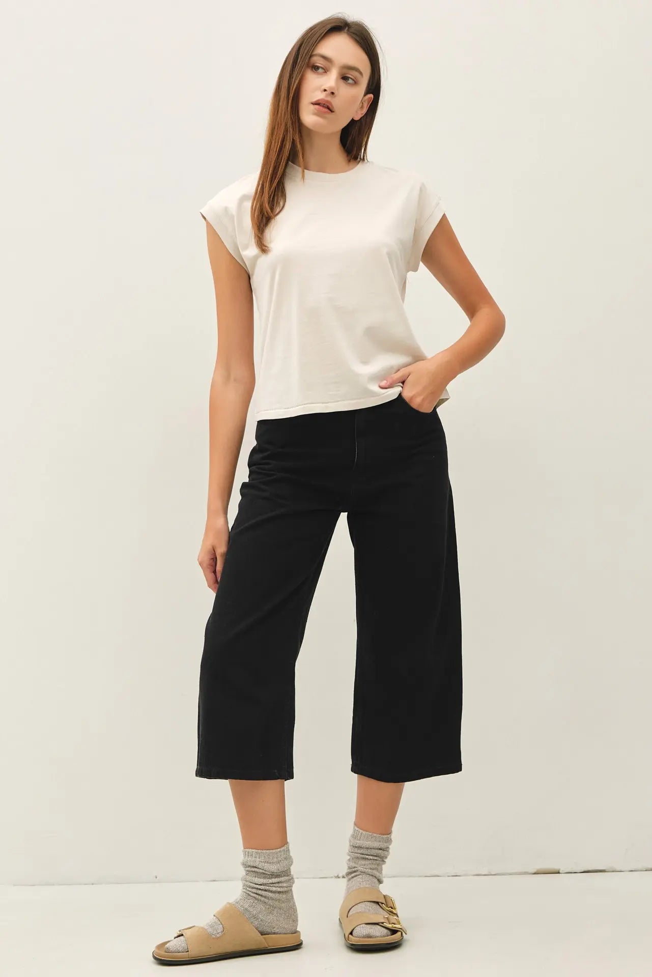 Myla GARMENT DYED COTTON CAP SLEEVE CREW NECK-Stone