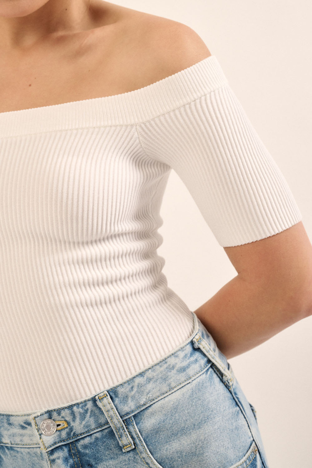 Shaper Fit Off-Shoulder Rib Knit Bodysuit-Off Whjte