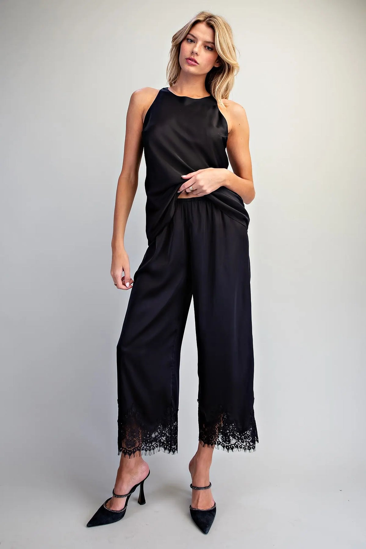 Lace Trim Satin Pants-Black