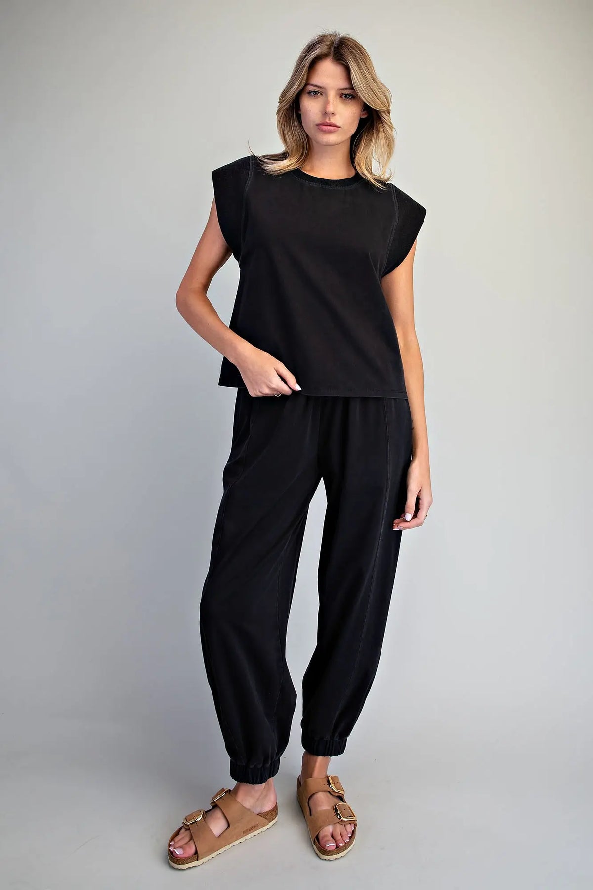 Tilly Ribbed Trim Cap Sleeve Top-Ash Black