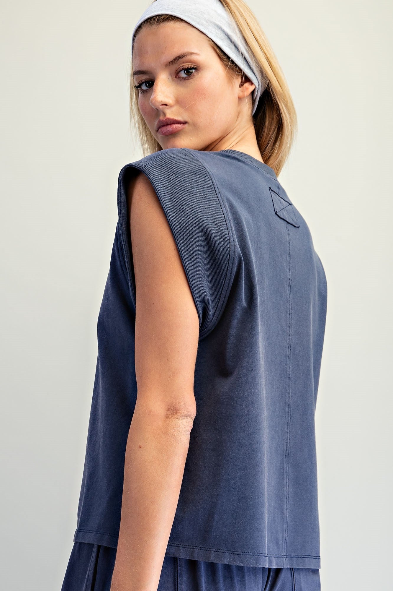 Tilly Ribbed Trim Cap Sleeve Top-Indigo