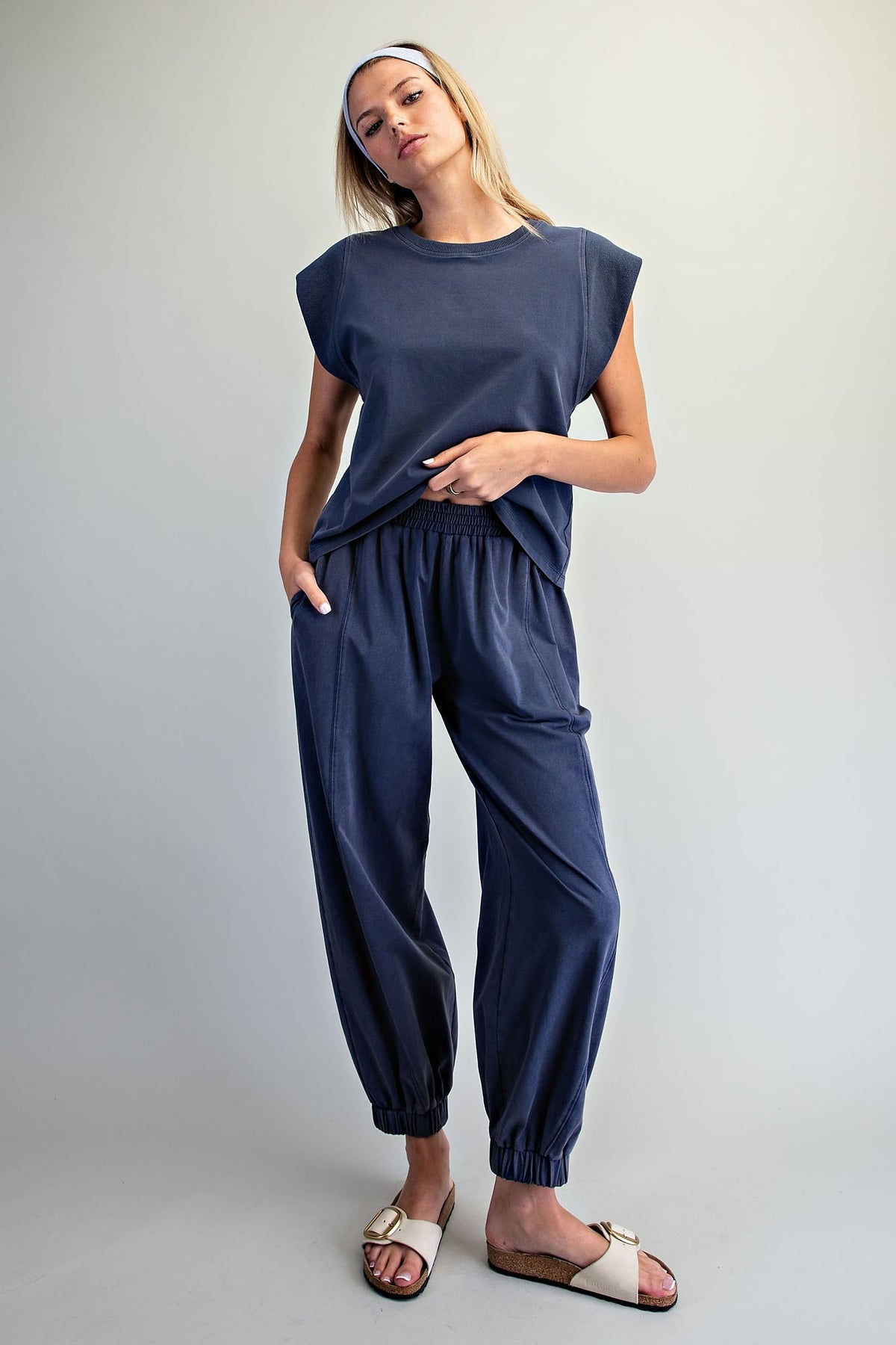 Tilly Solid Elastic Waist Joggers-Indigo
