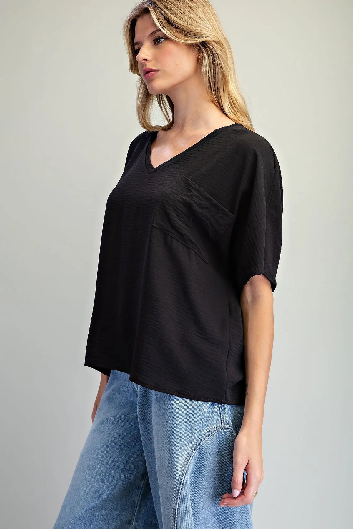 Myrna V-Neck Chest Pocket Top-Black