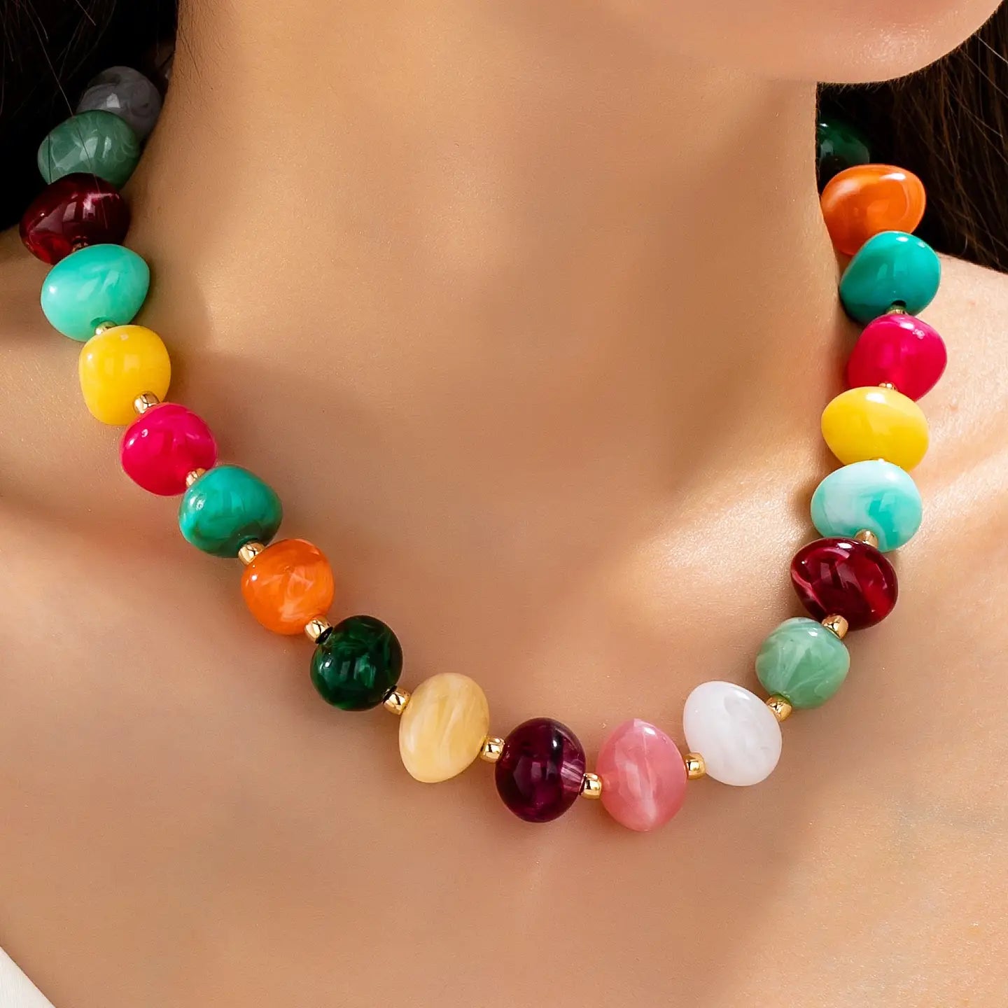 Multi Colored Resin Pebble Beaded Necklace