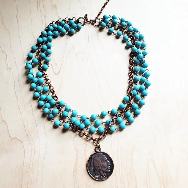 Blue Turquoise Collar-Length Necklace w/ Indian Buffalo Coin