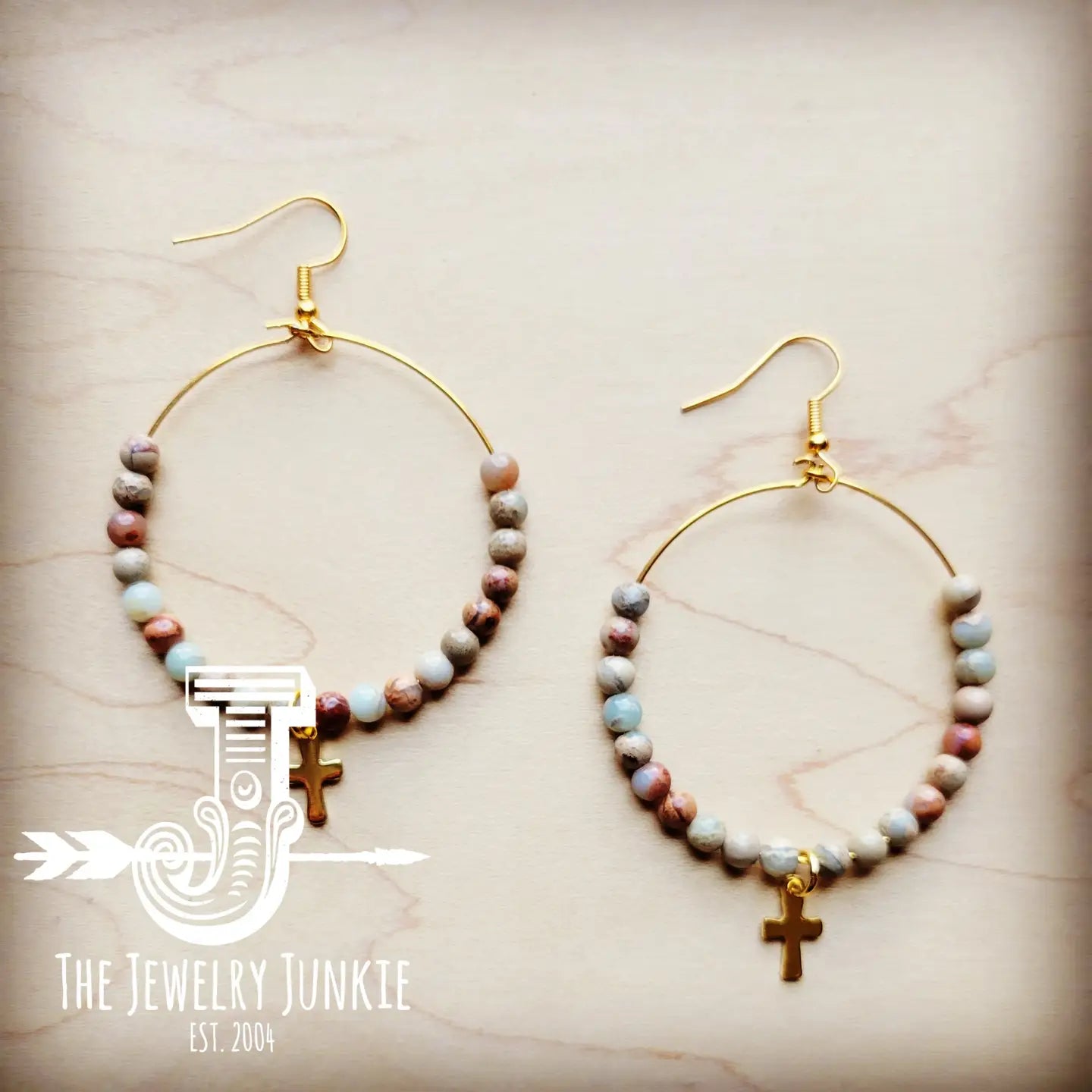 Beaded Hoop Earrings- Aqua Terra w/ Cross Dangle
