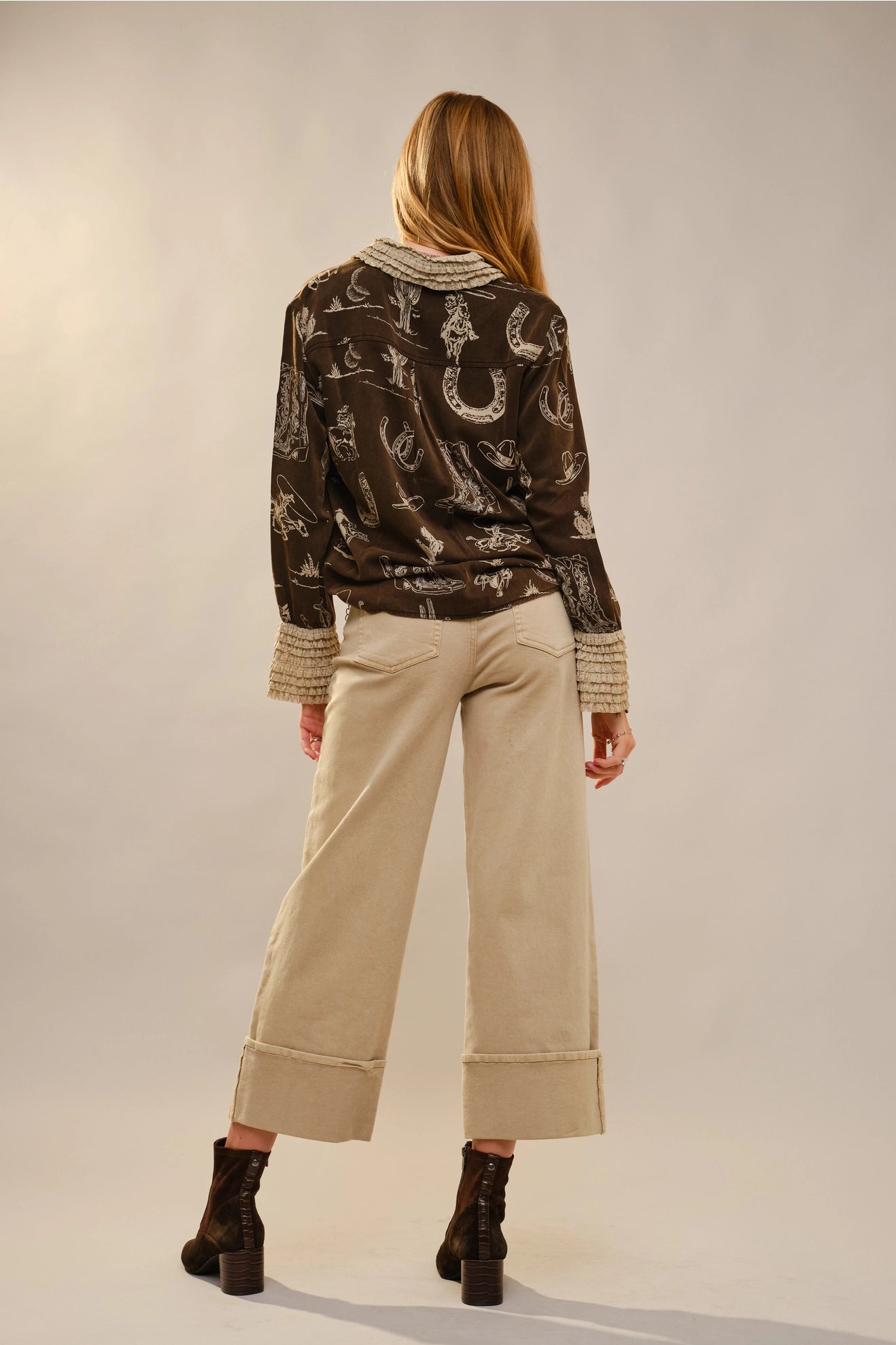 Western Printed Ruffle Cuff Shirt-Taupe