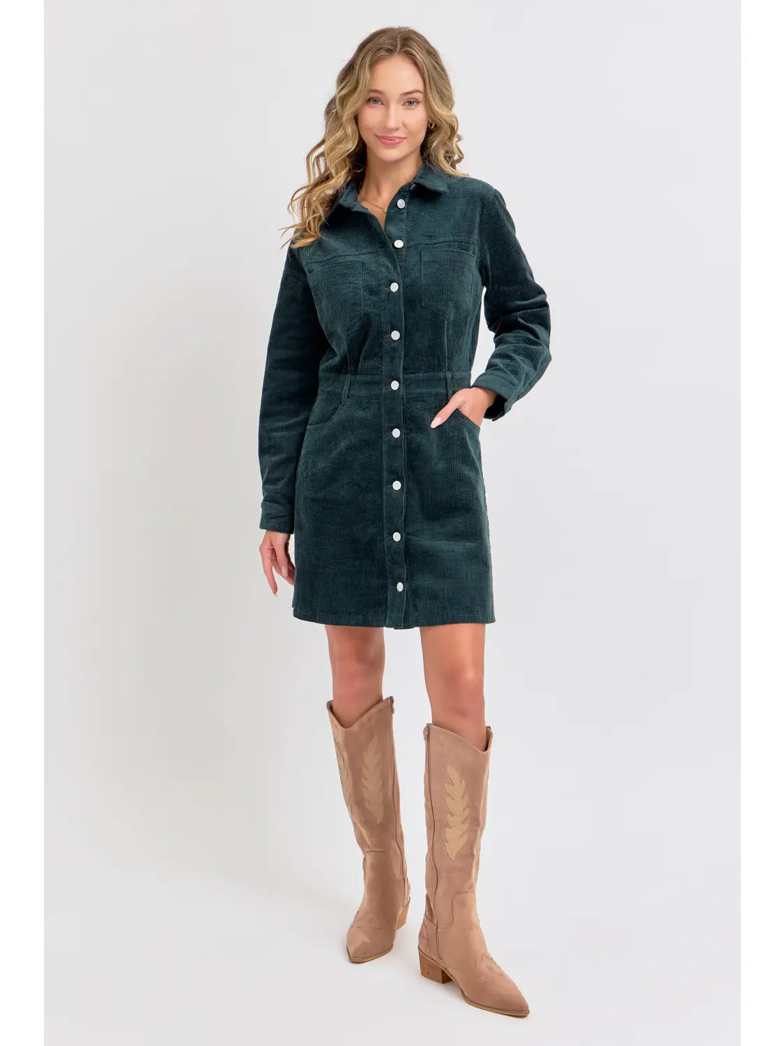 Corduroy Casual Timeless Mini Dress-Hunter