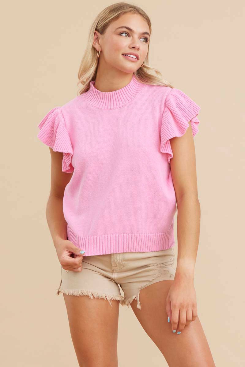 Cleo Solid Knit Top With Ruffle-Ivory