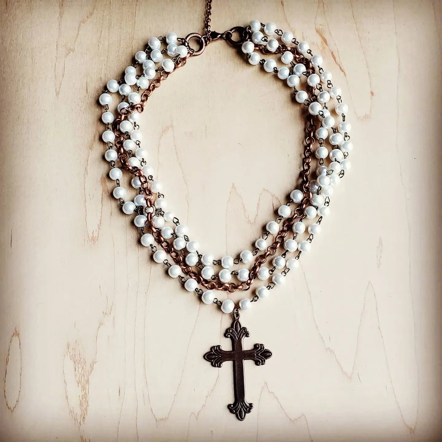 Pearl and Copper Collar-Length Necklace w/ Copper Cross