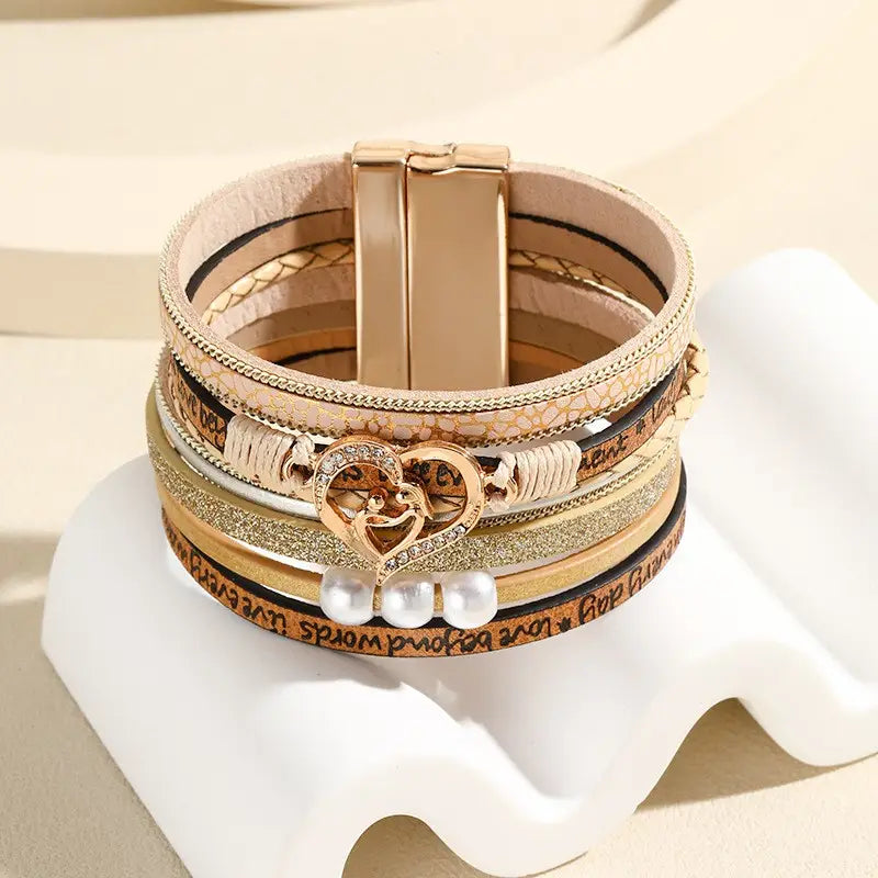 Magnetic Buckle Heart Shaped Word Print Bracelet-Tan