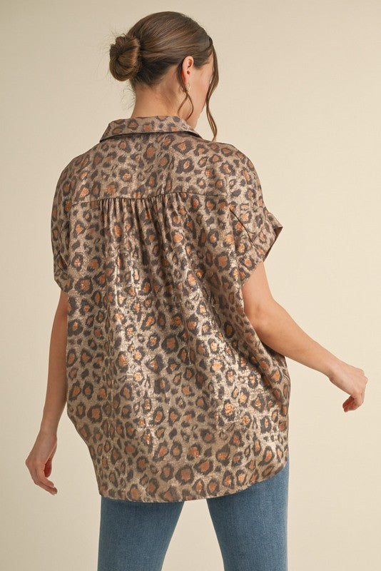 Leopard Print Collared Button Up Top