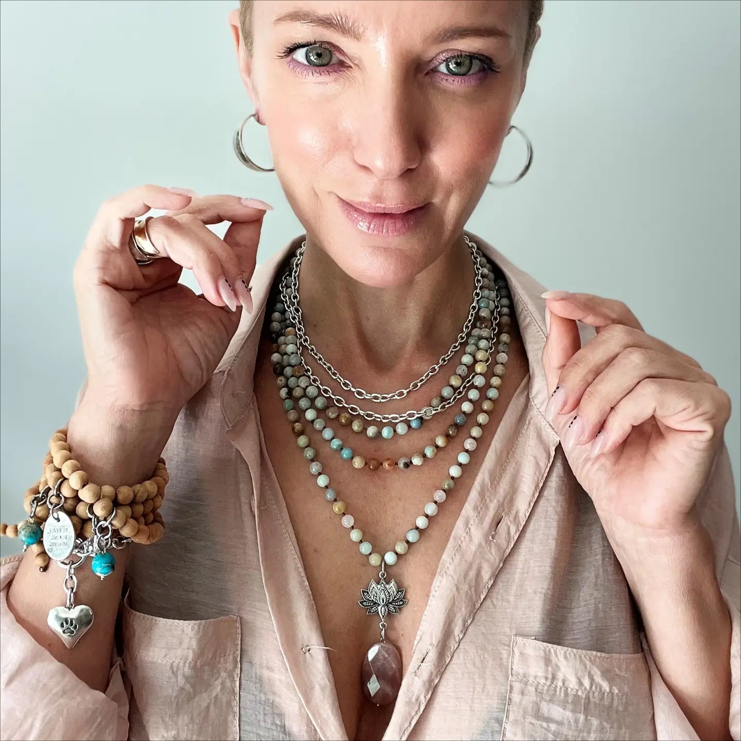 "Have Faith" Lotus Amazonite Long Chain Fusion Necklace-Silver