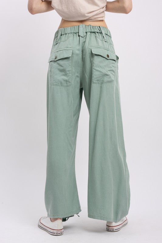 Ruched Leg Cargo Pants-Sage