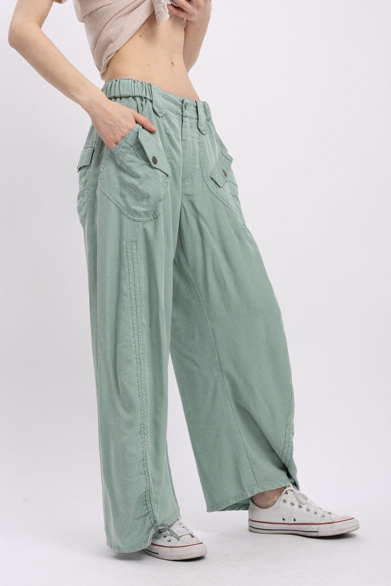 Ruched Leg Cargo Pants-Sage