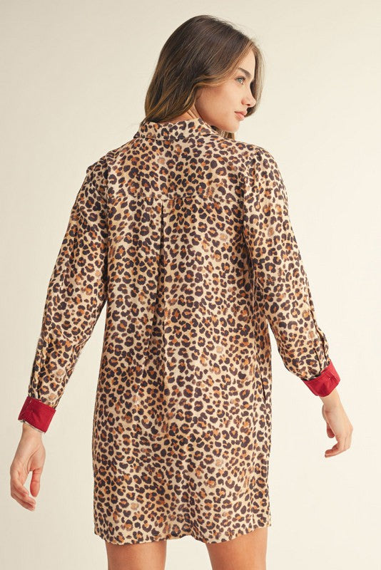 Savara Solid Contrast Accent Leopard Dress