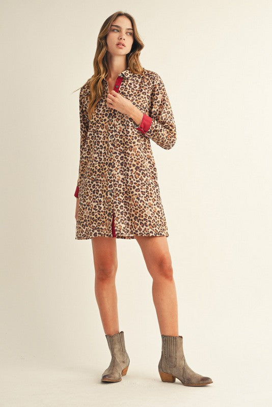 Savara Solid Contrast Accent Leopard Dress