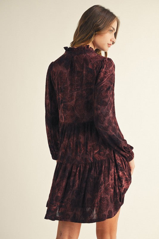 Boho Paisley Velvet Flocked Dress-Burgandy