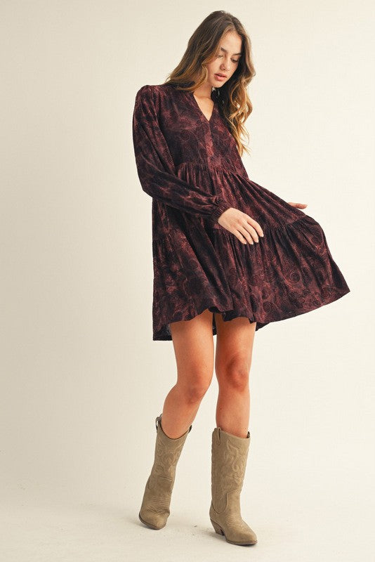 Boho Paisley Velvet Flocked Dress-Burgandy