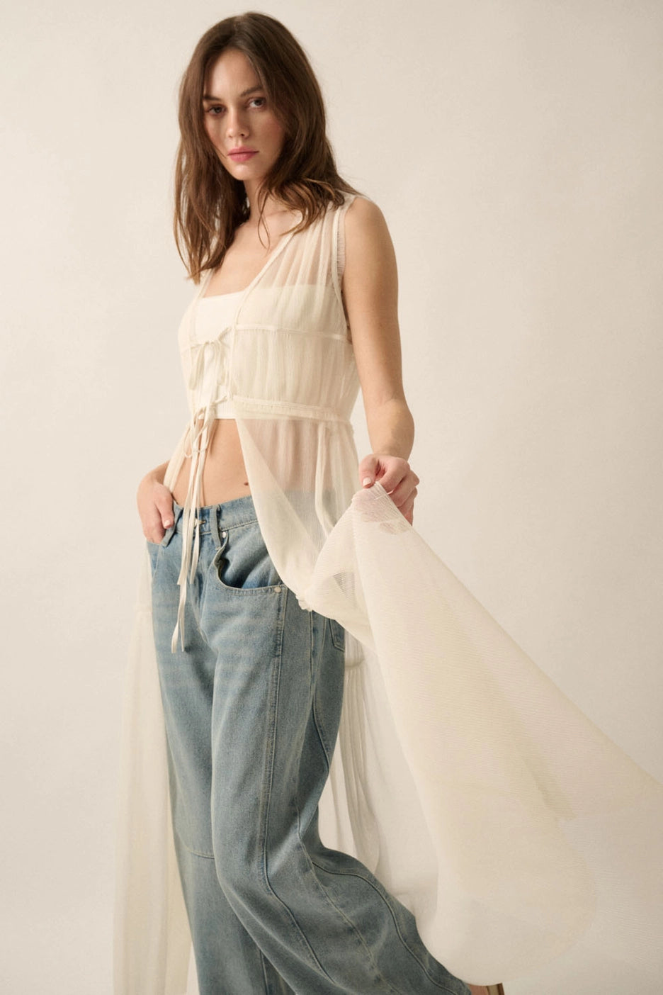 Sheer Tulle Ruffled Tie-Front Layering Maxi Top-Off White