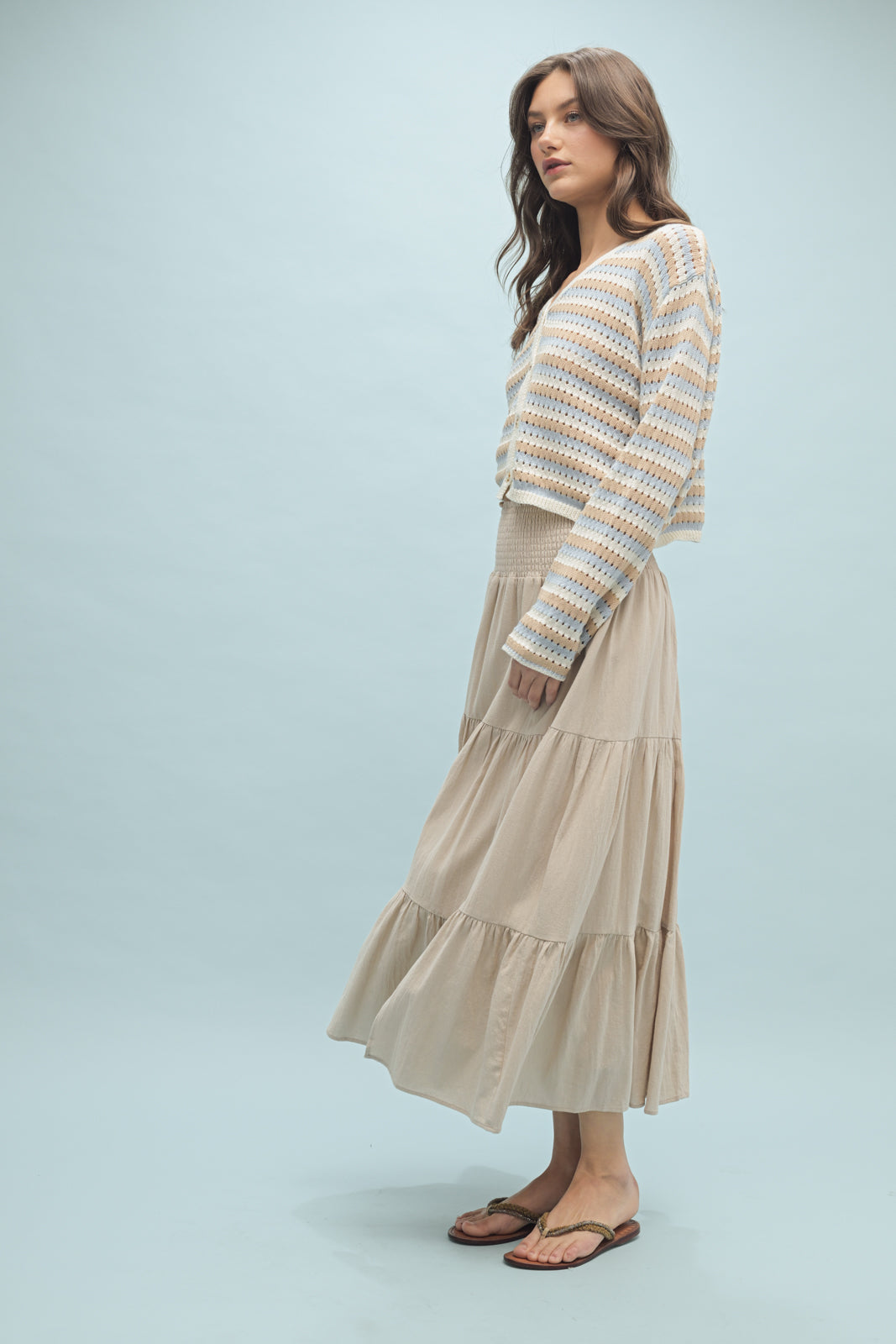 Maris STRIPED CROCHET BUTTON-UP SWEATER TOP-Taupe/Sky