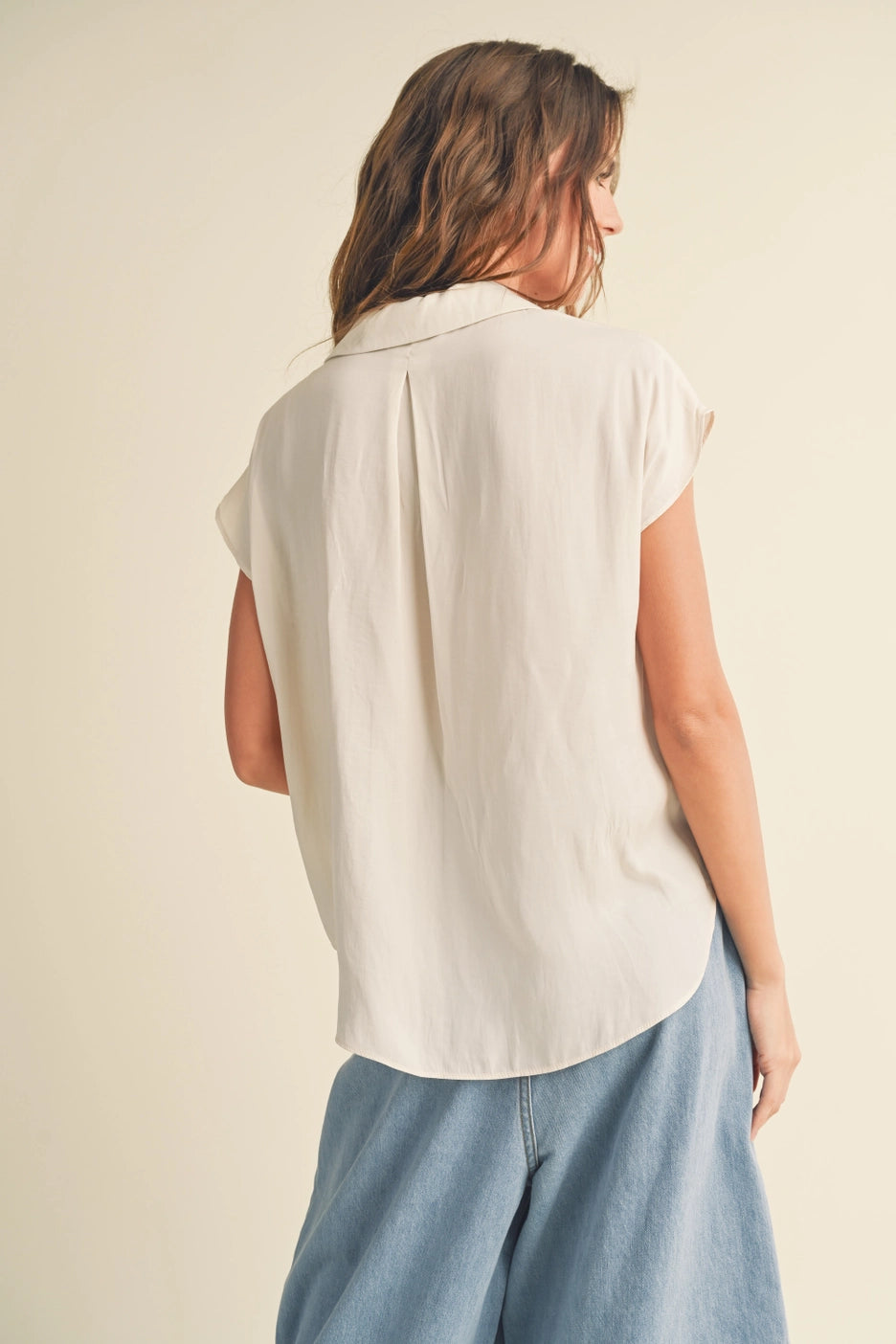 Button Down Cap Sleeve Shirts-Cream