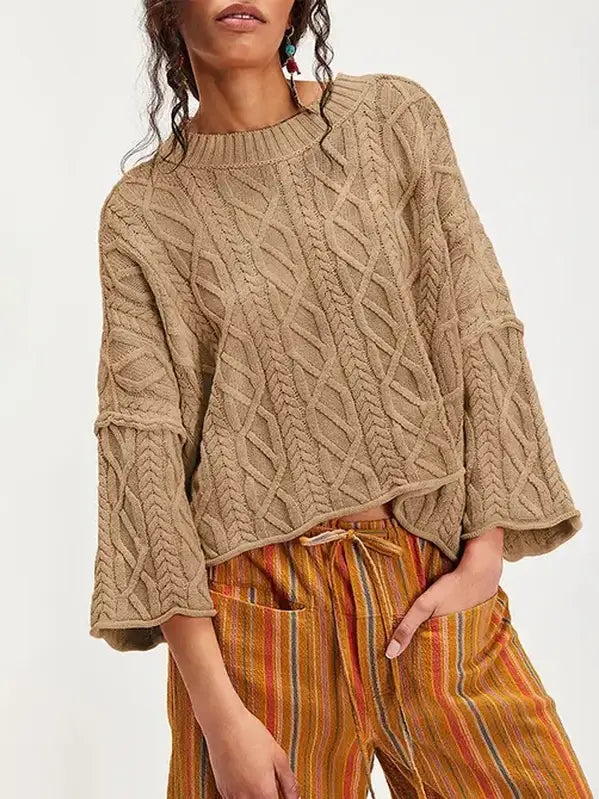 Cropped Cable Knit Sweater with Bell Sleeves-Khaki