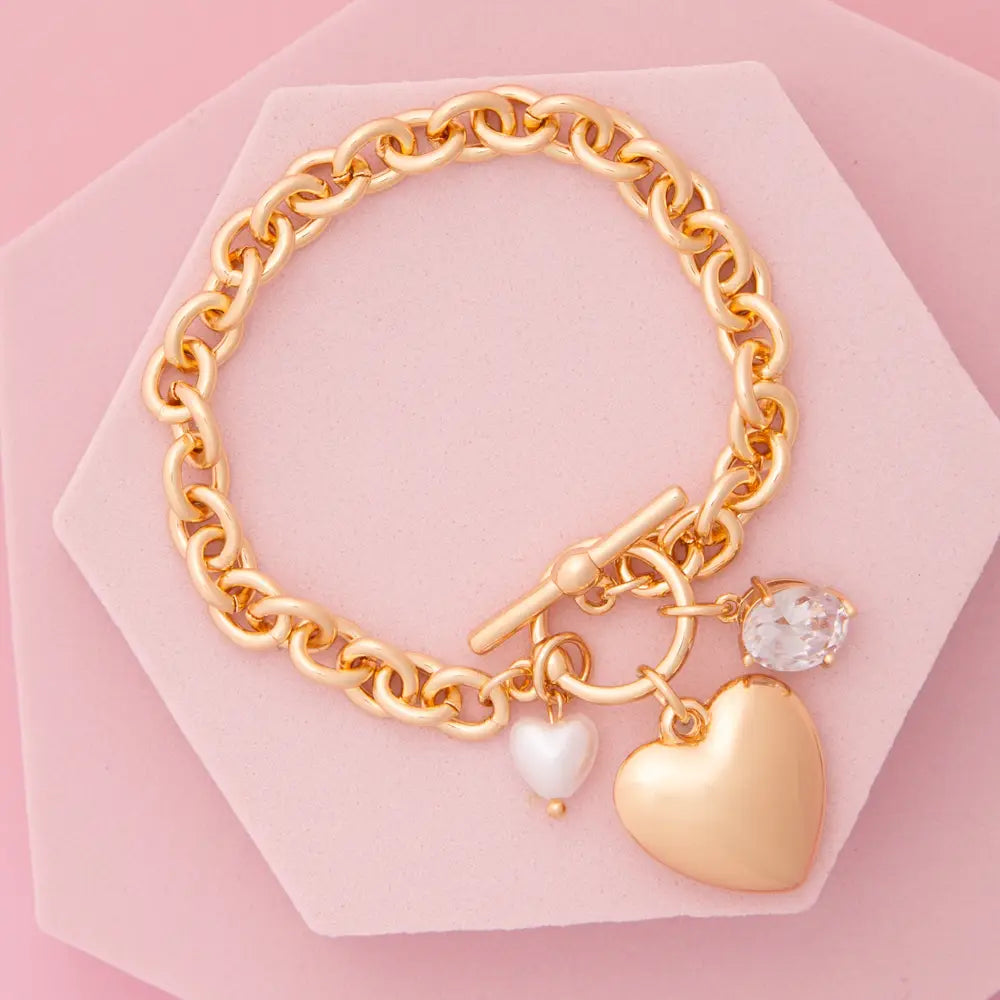 Heart Charm Chain Bracelet with Pearl and Crystal Accents