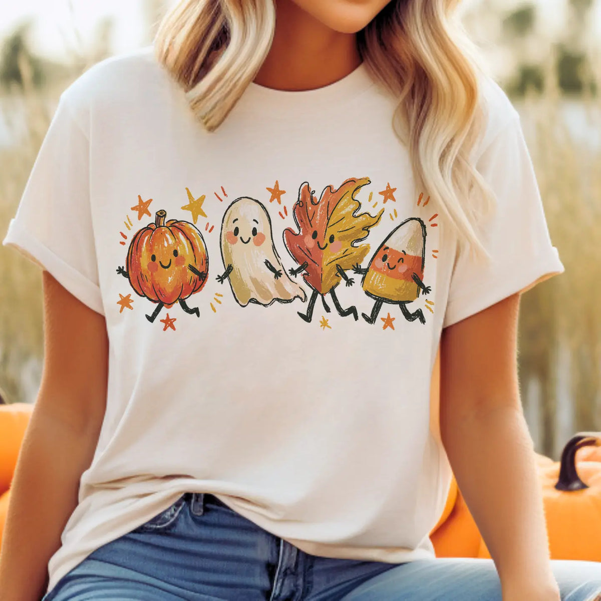Fall Doodle Preppy Vintage Cute Autumn Tee-Cream