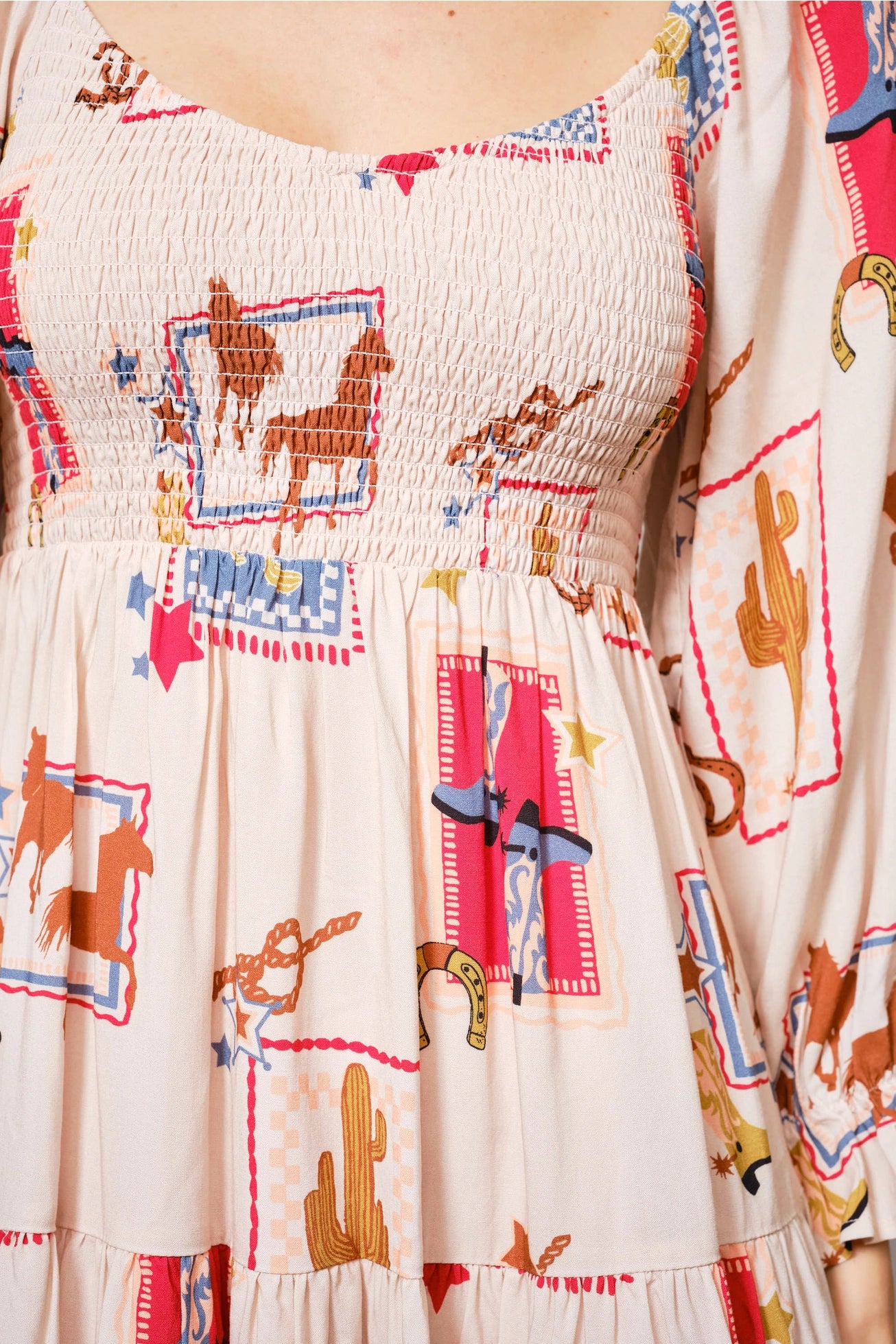Sanded Rayon Western Motif Smocked Minidress