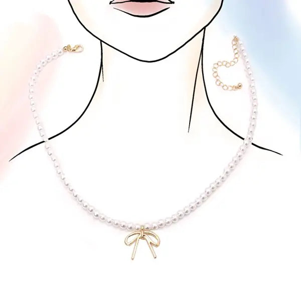 Pearl Chain Bow Charm Necklace