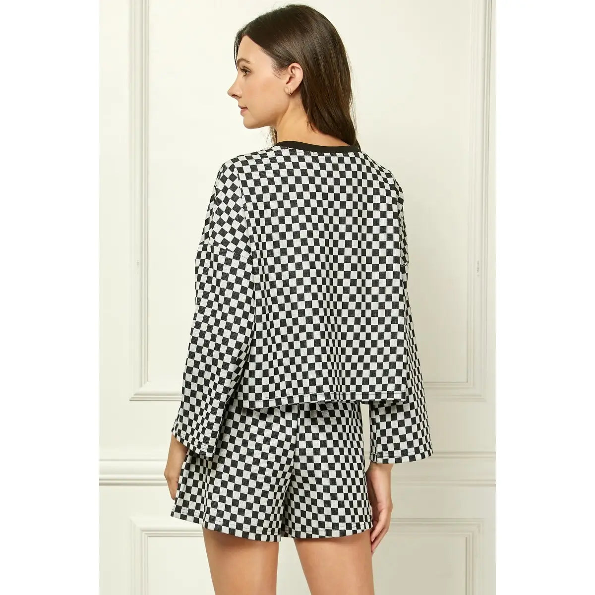 Checker Jersey Long Sleeve Top-Black