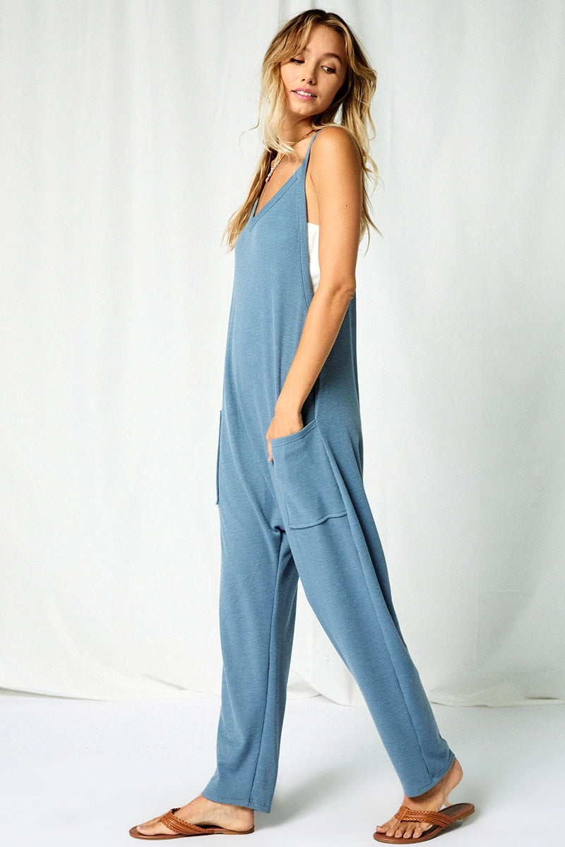 Solid Harem Jumpsuit with Pockets-Denim
